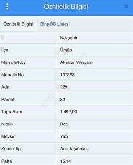 Ürgüp Aksalurda Satılık Tek Tapu Yapılaşma İçi Bağ