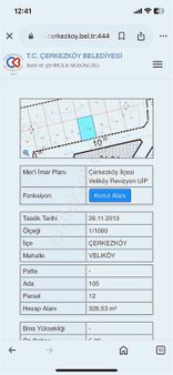 Yuvakur'dan Çerkezköy Veliköy Mah'de328m²imarlı İfrazlı Tek Tapu