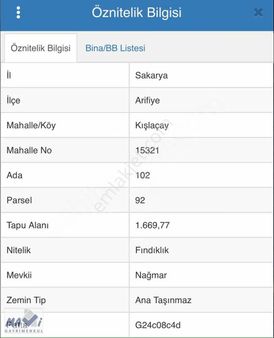 Mavi'den Arifiye Kışlaçay'da Satılık Fındıklık