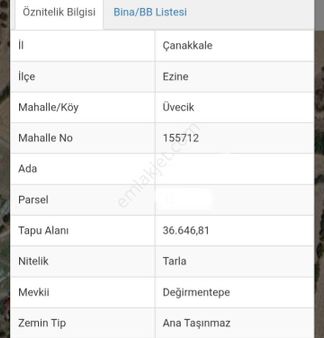 Çanakkale Ezine Üvecik Köyü 36 Dönüm İmarlı Tarla