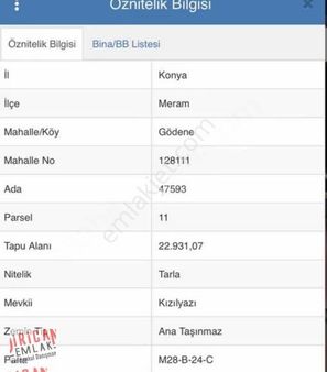 Dirican Dan Meram Gödenede Satılık Tarla