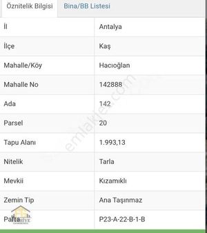 Kaş Hacıoğlan Mahallesi Satılık 1993mt2 2b Arazi