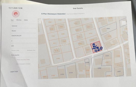 Sakarya Akyazı Merkezde Konut İmarlı 384 M2 Satılık Arsa