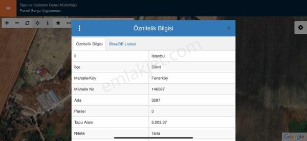 Silivri Fenerköy 5.003 M² Tek Tapu Yatırımlık Tarla