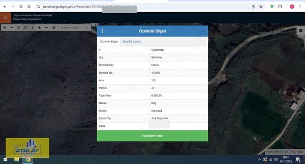 Satlık G.antep Ufacık Mahellesinde Bag Evi Konumunda Kupon Arazi