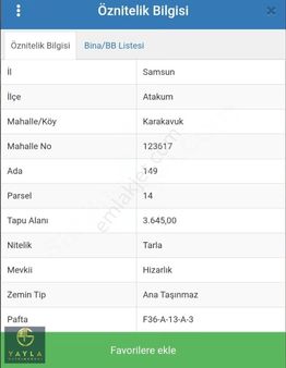 Yayla Gayrımenkul Atakum Karakavuk'ta Satılık Fırsat Tarla