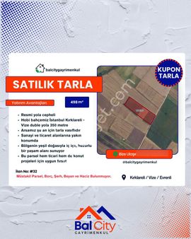 Balcity'den Kırklareli Vize’de Resmi Yola Cepheli İmar Sınırında Kupon Tarla!