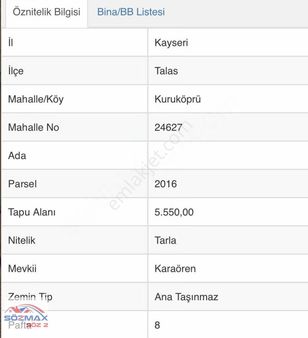 Talas Kuruköprüde Satılık Tek Tapu Tarla