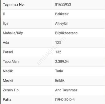 Balıkesir Altıeylül Büyükbostancı Mahallesi 2389m2 Satılık Tarla