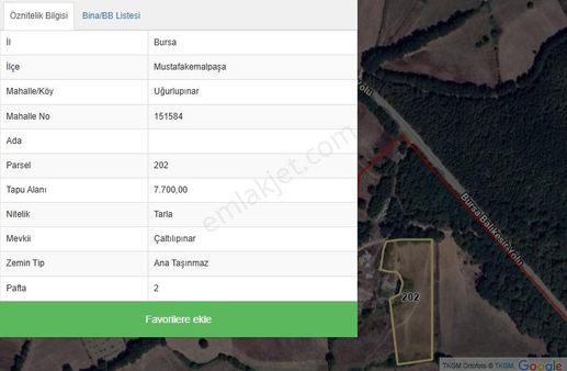 Bursa M.kemalpaşa Uğurlupınar Da 7.7 Dn Fırsat Tarla
