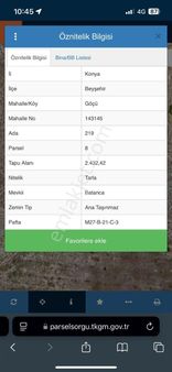 Konya Beyşehir De Satılık Tek Tapu Tarla