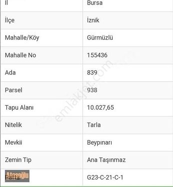 Bursa İznik Gürmüzlü Mah 10.027m2 Müstakil Tapulu Tarla