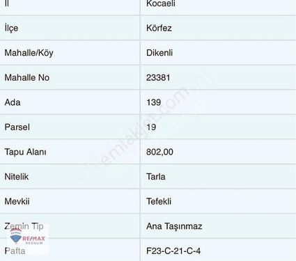 KOCAELİ KÖRFEZ DİKENLİ MH 800 M2 FIRSAT SATILIK TARLA