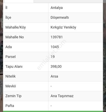 Antalya Döşemealti Kırkgöz Yeniköy Satılık Arsa 398m2 İmarlı 