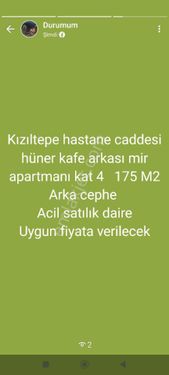 Kızıltepe eski hastane caddesi mir apt kat 4   3+1  satılık daire 175 m2