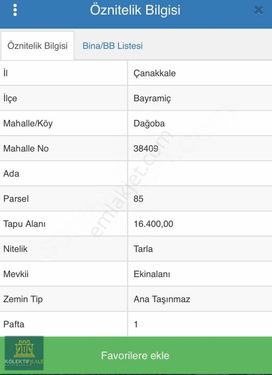 ÇANAKKALE BAYRAMİÇ DOĞABA KÖYÜNDE SATILIK 16400 m2 TARLA