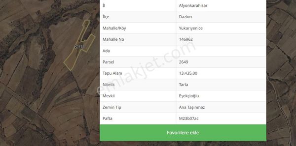 DAZKIRI YUKARIYENİCE DE ÇİFTLİĞE UYGUN MERA YA CEPHE 13.435 M2