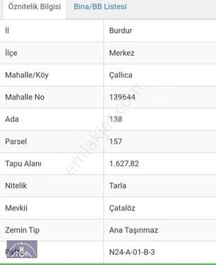 BURDUR MERKEZ ÇALLICA SATILIK TARLA