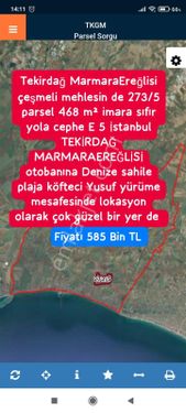 Tekirdağ MarmaraEreğlisi çeşmeli mehlesin de 273/5 parsel 468 m² imara sıfır yola cephe E 5 Istanbul