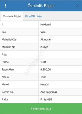  KIRKLARELİ VİZE’DE YATIRIMLIK SATILIK TARLA 9850MT