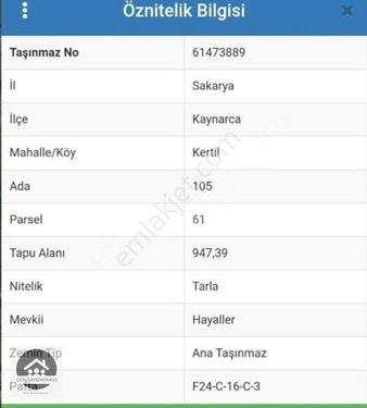 GKN GAYRİMENKUL'DEN SAKARYA KAYNARCA KERTİL'DE SATILIK TARLA