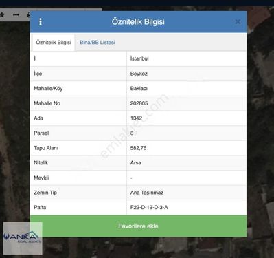 Anka Real Estate / Beykoz Baklacı 'da Satılık Fırsat Arsa 582m2