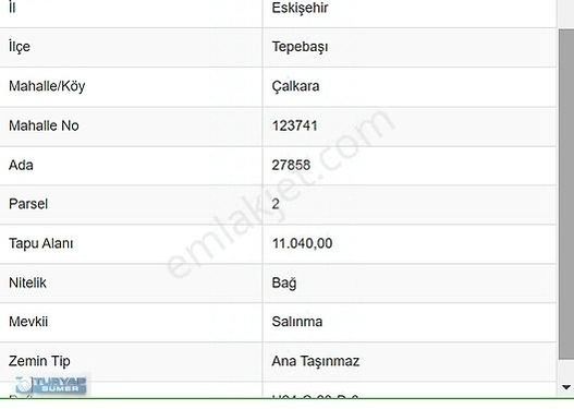 TURYAP SÜMERDEN ÇALKARADA SATILIK 11.040 M2 BAĞ