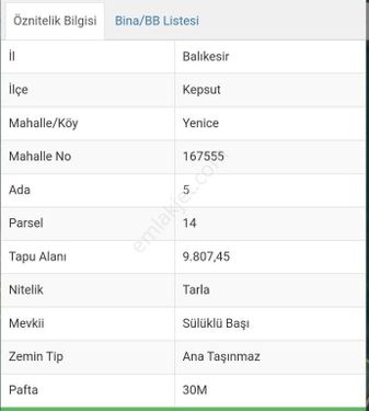  BALIKESİR KEPSUT YENİCE MAHALLESİ 9807 M2 SATILIK TARLA