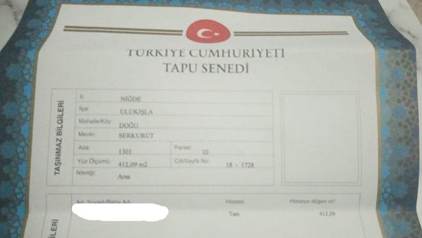 Ulukışla Merkeze Yakın 412 M2 Satılık İmarlı Tek Tapu Arsa