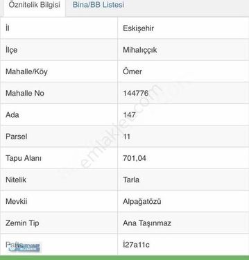 TURYAP SÜMERDEN MİHALIÇÇIK ÖMERKÖY SATILIK 701 M2 TARLA