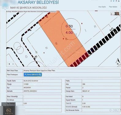 KAT8 Emsal4 Fırsat 983m2 ANA YOLA SIFIR ARSA -COŞAR GAYRİMENKUL-