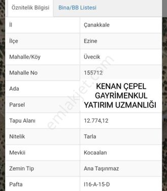 Çanakkale Ezine Üvecik Köyü 12 Dönüm 774.12 M2 Zeytinlik 110 Adet Zeytin Ağaç Var Yol Var