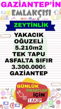 Yakacık Oğuzeli 5.210m2 Tek Tapu Asfalta Sıfır 3.300.000₺ Gaziantep