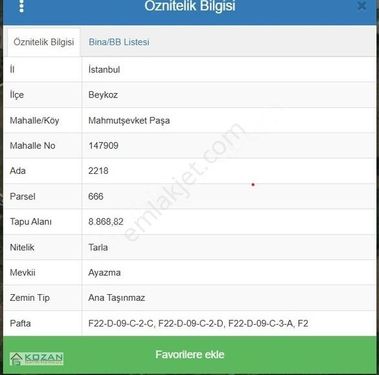 Kozan Emlak'tan Beykoz 'da Satılık 1253 M2 Arsa