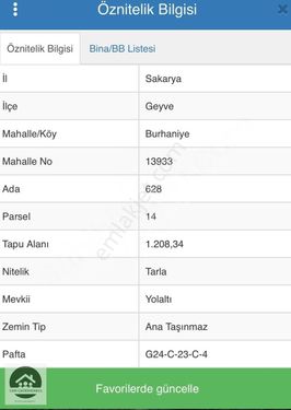 Gkn Gayrimenkul'den Sakarya Geyve Burhaniye'de Satılık Tarla