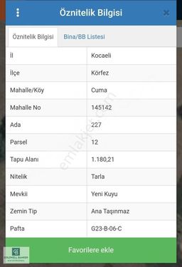 Kocaeli Körfez Cuma Köyü'nde 1,180 M2 Satılık Arsa