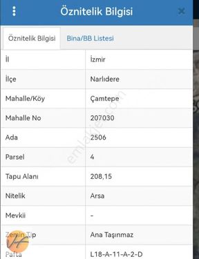 İzmir Narlıdere Çamtepe Mahallesinde Satılık 208 M2 Arsa