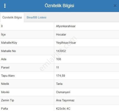 Afyonkarahisar Hocalar Yeşilhisar Köyünde 174m² Tarlamız Satılıktır.