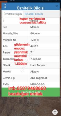 Konya Meram Gödene Toki Konutları Karşısında 7835m2 Müstakil Tapulu Yolu Var Süper Arazi