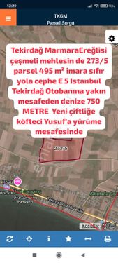 Tekirdağ Marmaraereğlisi Çeşmeli Mehlesin De 273/5 Parsel 495 M² İmara Sıfır Yola Cephe