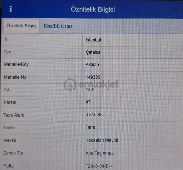 İstanbul Çatalca Akalan Mah. De Satlık Hisseli Yatırımlık Tarla 1