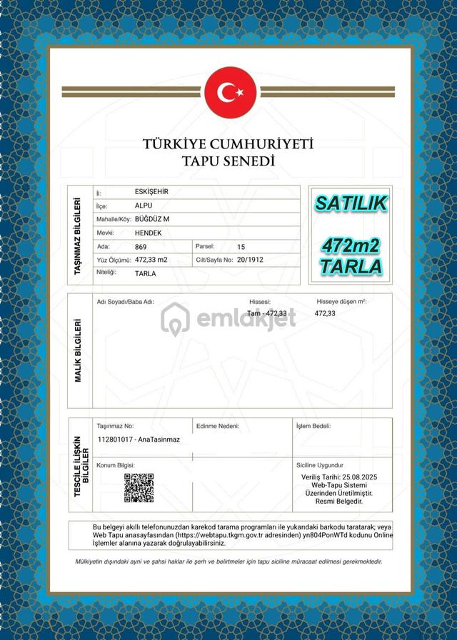Eskişehir Alpu Büğdüz Mah.de Fırsat Satılık 472m2 Tarla 3