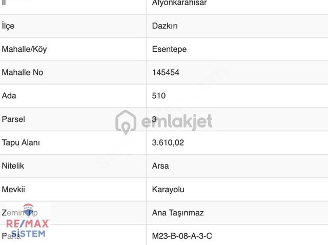 *dazkırı Esentepe'de Ana Yol Üstü, 3.610 M² İmarlı Arsa* 3
