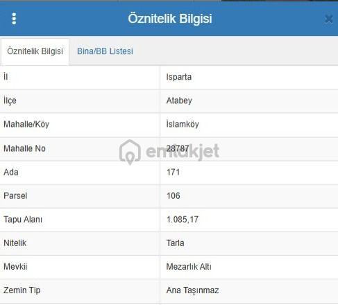 Isparta Atabey İslamköy Mezarlık Altı Mevkii Satılık 1.085 M² Tarla 2