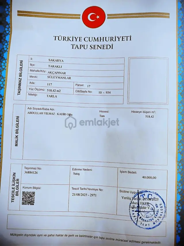 Sakarya Taraklı Akçapınarda Yatırmılık