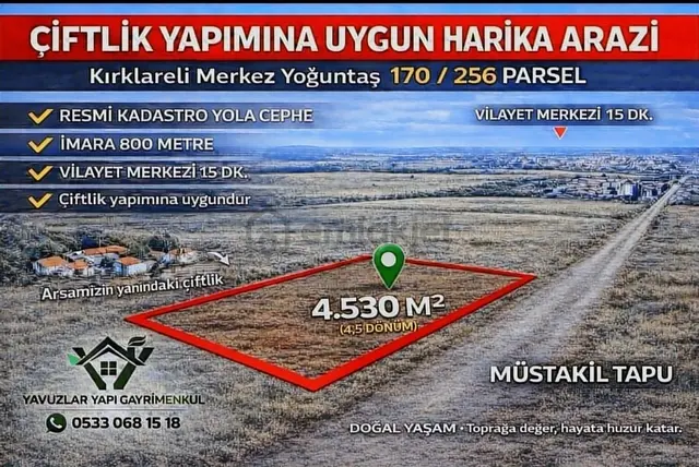 Resmi Yola Cephe Hayvancılık Projesine Uygun Tek Tapu 4530 M2 2