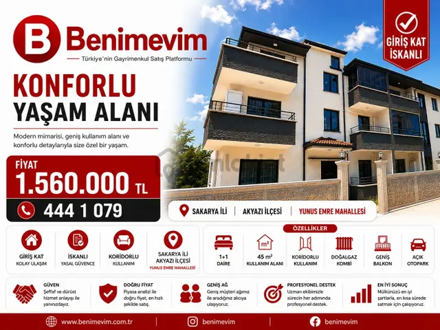 Aker Emlaktan Yunus Emre Mahallesinde İskanlı 1+1 Daire 1
