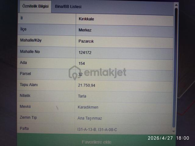 Kırıkkale Merkez Pazarcık'ta 21.750 M2 Satılık Tarla