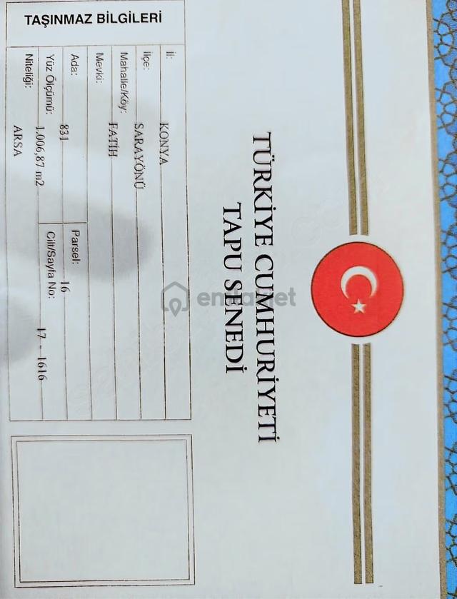 Şokkk Fiyat... Sarayönü Fatih Mh. 1006 M2 Satılık Arsa 3