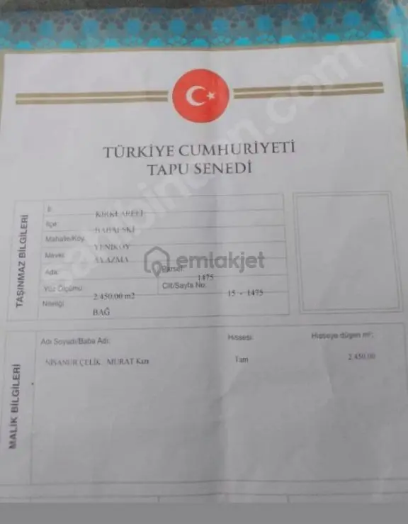 Bağ Tapulu Babaeski Yeniköy 2450m2 3